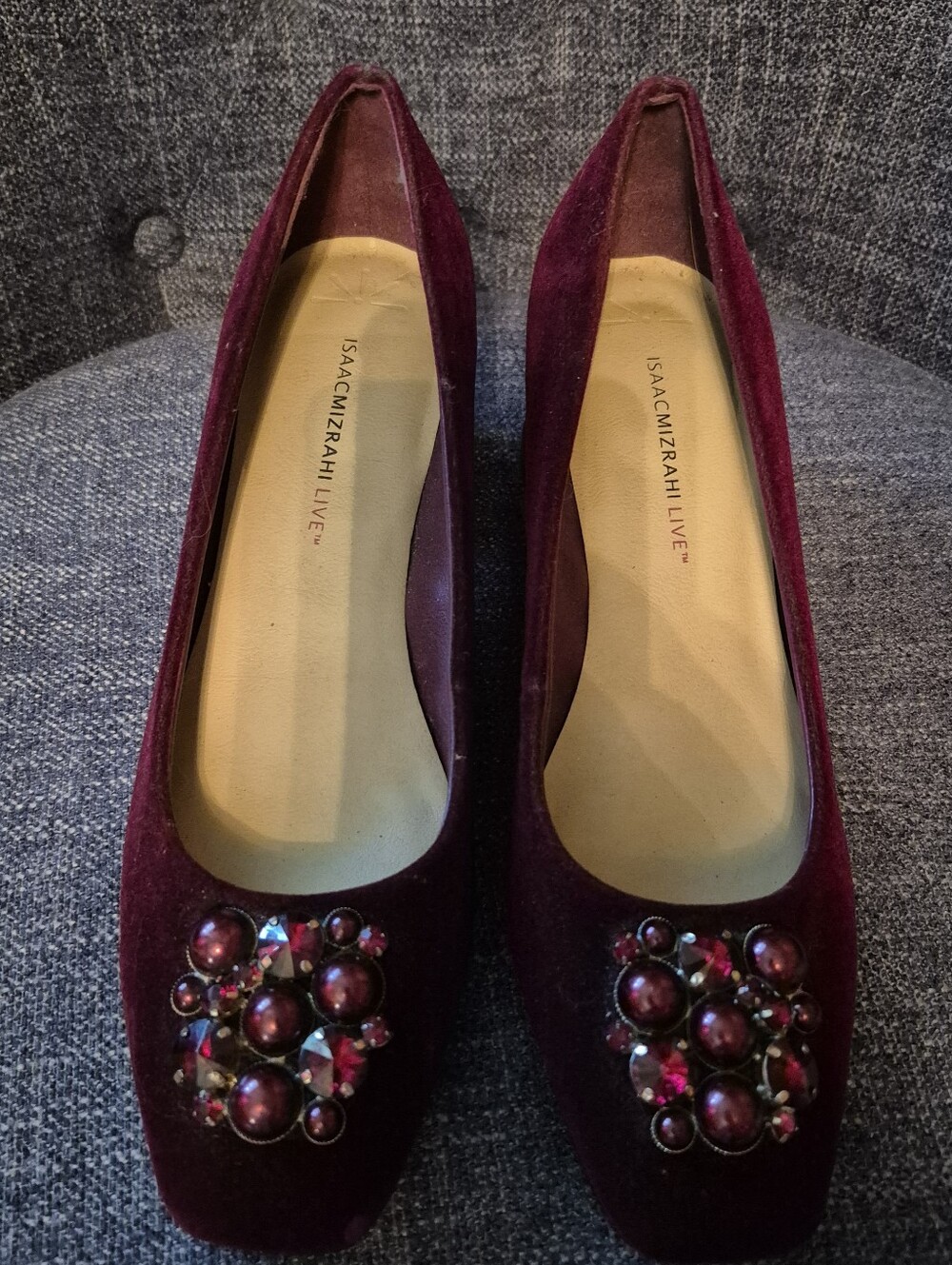 Isaac Mizrahi Burgundy Velvet Jeweled Heels